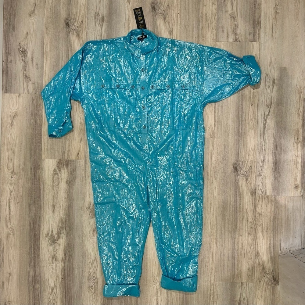 NWT Suzie Kondi Lurex Jumpsuit Blue Shimmer Oversized Long Sleeve Size XS/S
